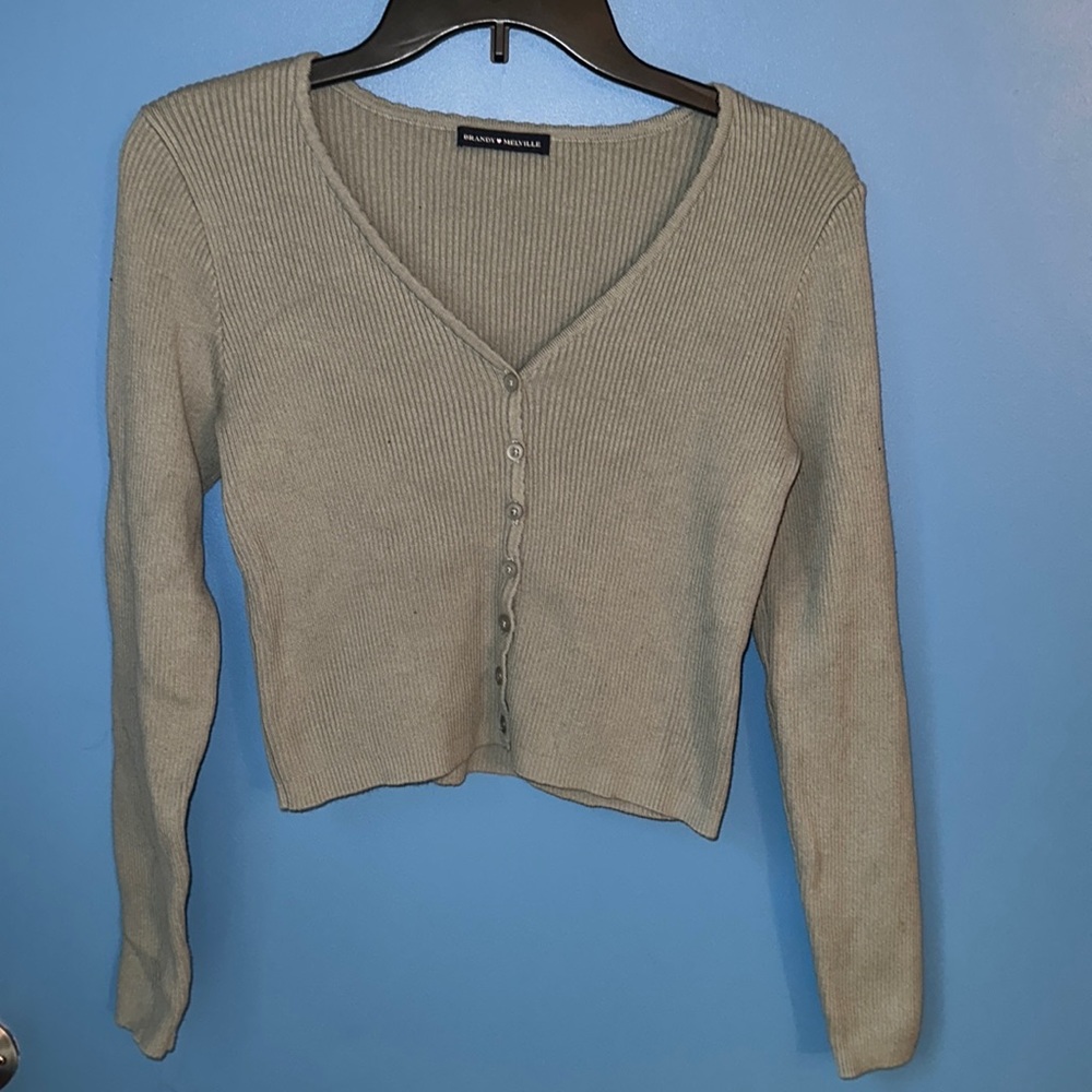 Brandy Melville Sage Green Ribbed Button-Up Cardigan
